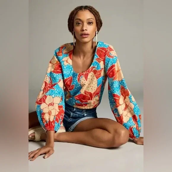 NWT Farm Rio x Anthropologie Puff-Sleeve Bubble Blouse - Picture 1 of 10